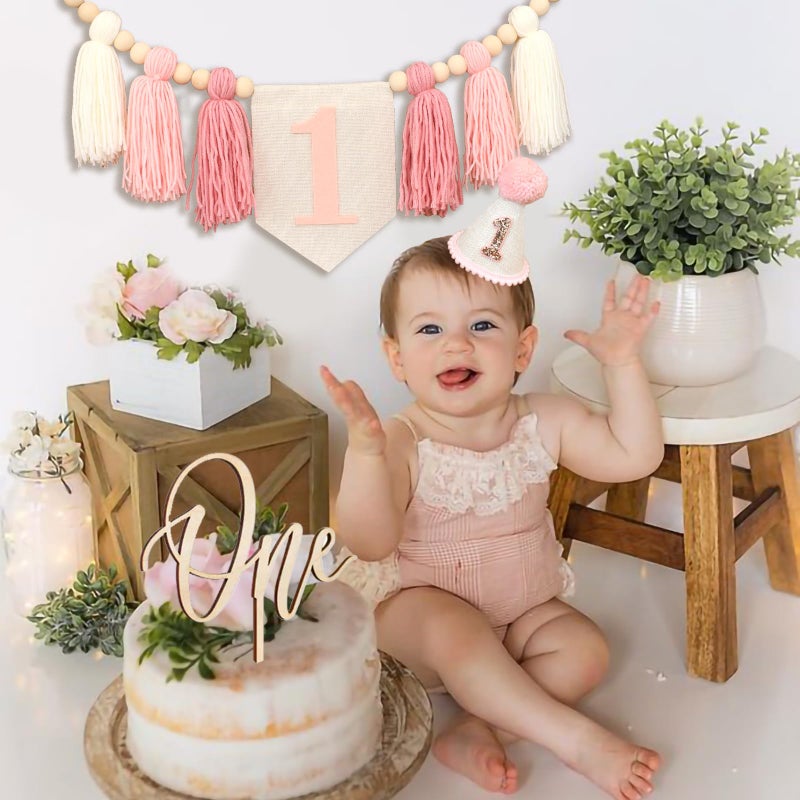 Ereniko Boho Pink Handmade 1st Birthday High Chair Banner with Wild One Cake Topper 1 Birthday Cone Hat Happy Birthday Party Decorations for Baby Girls Photoshoot Props Photo Props - Image 4