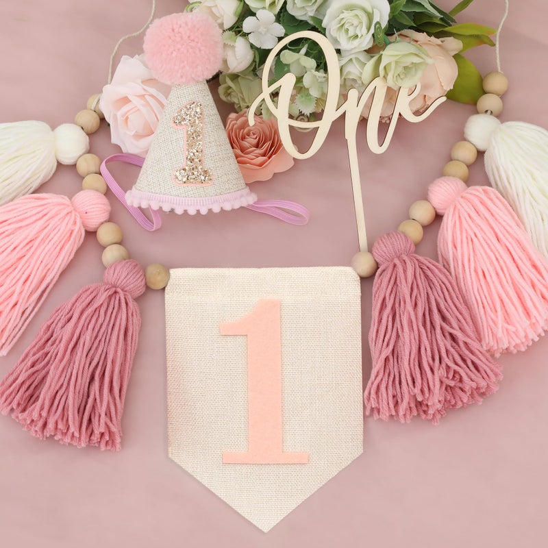 Ereniko Boho Pink Handmade 1st Birthday High Chair Banner with Wild One Cake Topper 1 Birthday Cone Hat Happy Birthday Party Decorations for Baby Girls Photoshoot Props Photo Props - Image 5
