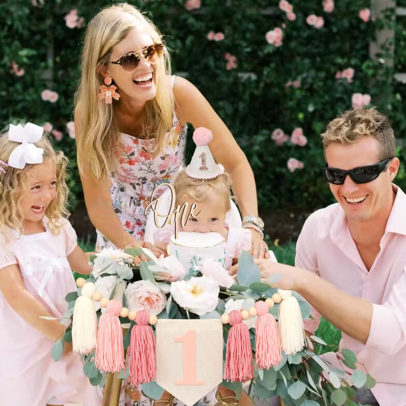 Ereniko Boho Pink Handmade 1st Birthday High Chair Banner with Wild One Cake Topper 1 Birthday Cone Hat Happy Birthday Party Decorations for Baby Girls Photoshoot Props Photo Props - Image 2