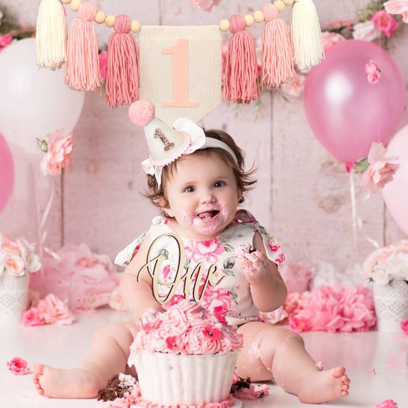 Ereniko Boho Pink Handmade 1st Birthday High Chair Banner with Wild One Cake Topper 1 Birthday Cone Hat Happy Birthday Party Decorations for Baby Girls Photoshoot Props Photo Props - Image 3