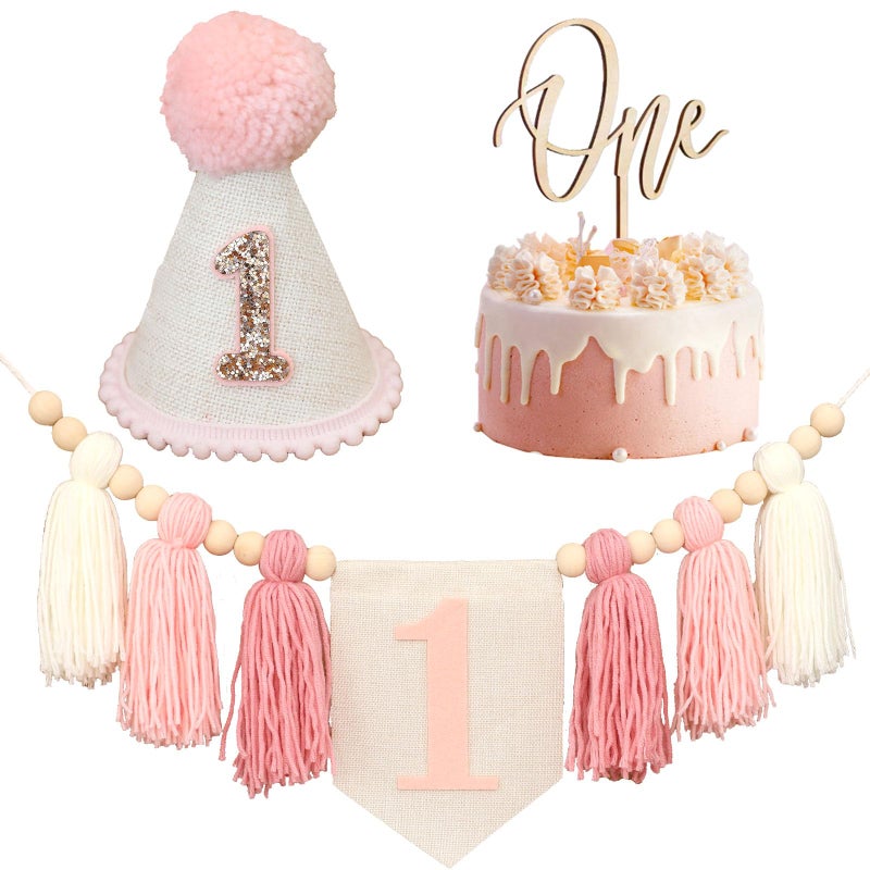 Ereniko Boho Pink Handmade 1st Birthday High Chair Banner with Wild One Cake Topper 1 Birthday Cone Hat Happy Birthday Party Decorations for Baby Girls Photoshoot Props Photo Props - Image 1