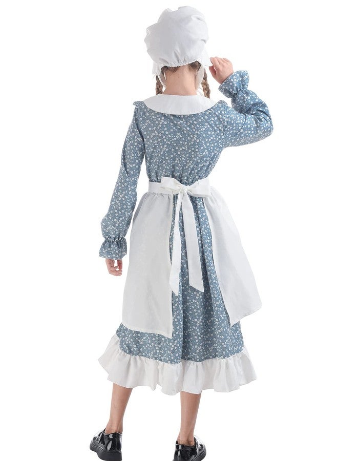 FCCAM FCCAM FCCAM Prairie Dresses for Girls Pioneer Costume 19th Century Long Sleeves Colonial Dress Blue XXL age over 4 years old - Image 4