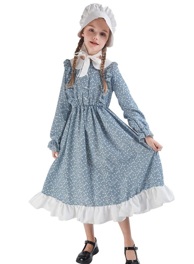FCCAM FCCAM FCCAM Prairie Dresses for Girls Pioneer Costume 19th Century Long Sleeves Colonial Dress Blue XXL age over 4 years old - Image 3