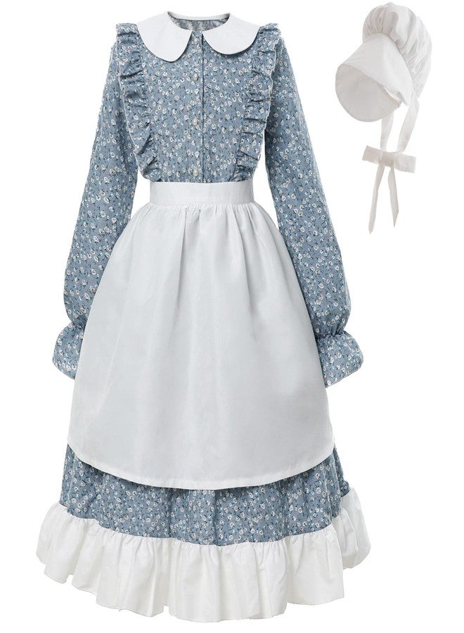 FCCAM FCCAM FCCAM Prairie Dresses for Girls Pioneer Costume 19th Century Long Sleeves Colonial Dress Blue XXL age over 4 years old - Image 1