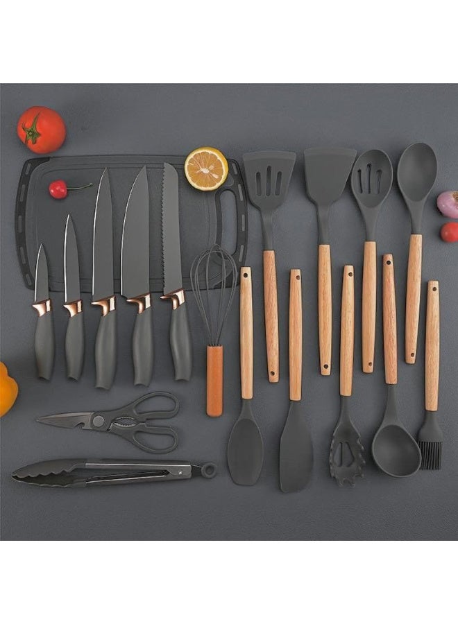 طقم مطبخ عصري 19 قطعة - لون رمادي فخم | طقم سكاكين ستانلس ستيل ومغارف سيليكون مع لوح تقطيع وحامل منظم | تصميم شيك وعصري للمطابخ الحديثة - Image 3