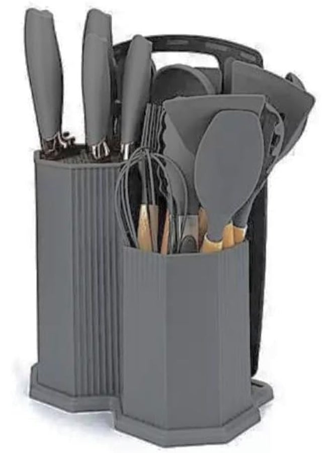 طقم مطبخ عصري 19 قطعة - لون رمادي فخم | طقم سكاكين ستانلس ستيل ومغارف سيليكون مع لوح تقطيع وحامل منظم | تصميم شيك وعصري للمطابخ الحديثة - Image 1