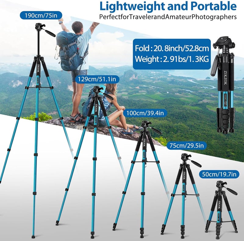 ZIKZOK 75" Heavy Duty Camera Tripod Stand with Bluetooth Remote - Max Load 15LB, Aluminum Travel Tripod for DSLR/Phone/Tablet/Projector, 3-Way Pan Head & Quick Release Plate, Compact Foldable Design (Blue) - Image 3