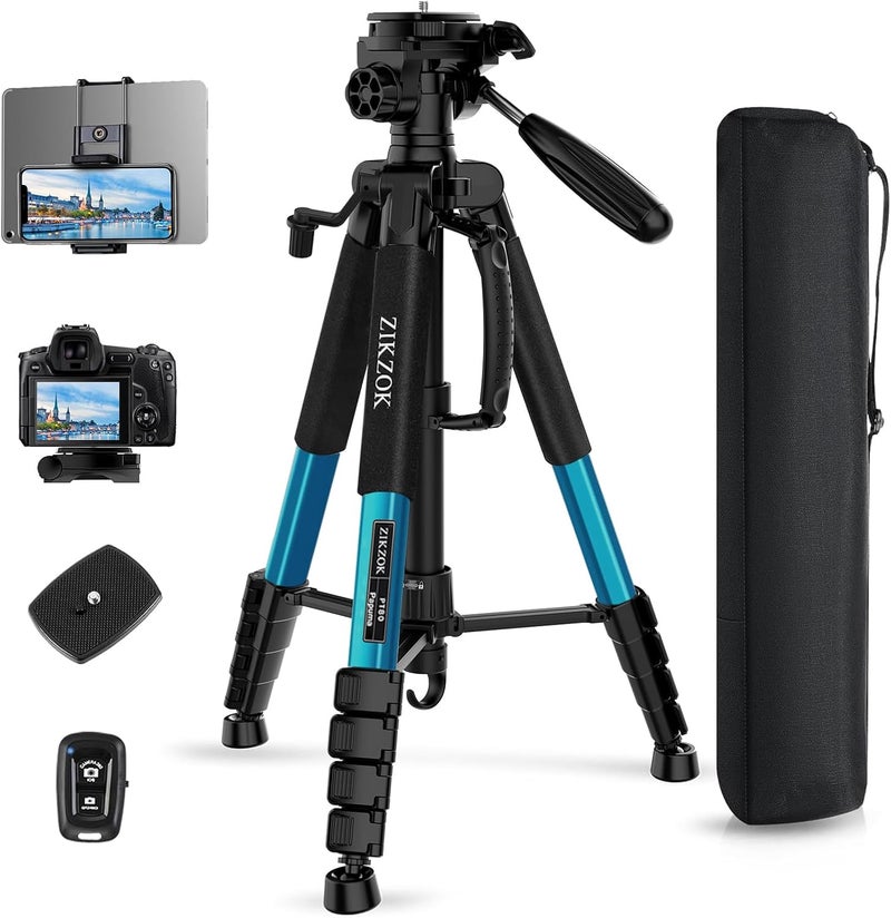 ZIKZOK 75" Heavy Duty Camera Tripod Stand with Bluetooth Remote - Max Load 15LB, Aluminum Travel Tripod for DSLR/Phone/Tablet/Projector, 3-Way Pan Head & Quick Release Plate, Compact Foldable Design (Blue) - Image 1