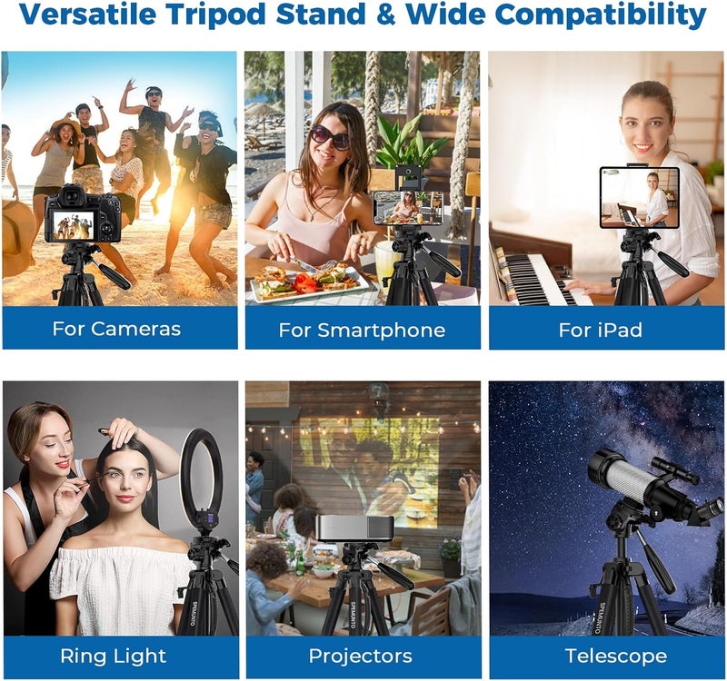 ZIKZOK 75" Heavy Duty Camera Tripod Stand with Bluetooth Remote - Max Load 15LB, Aluminum Travel Tripod for DSLR/Phone/Tablet/Projector, 3-Way Pan Head & Quick Release Plate, Compact Foldable Design (Blue) - Image 2