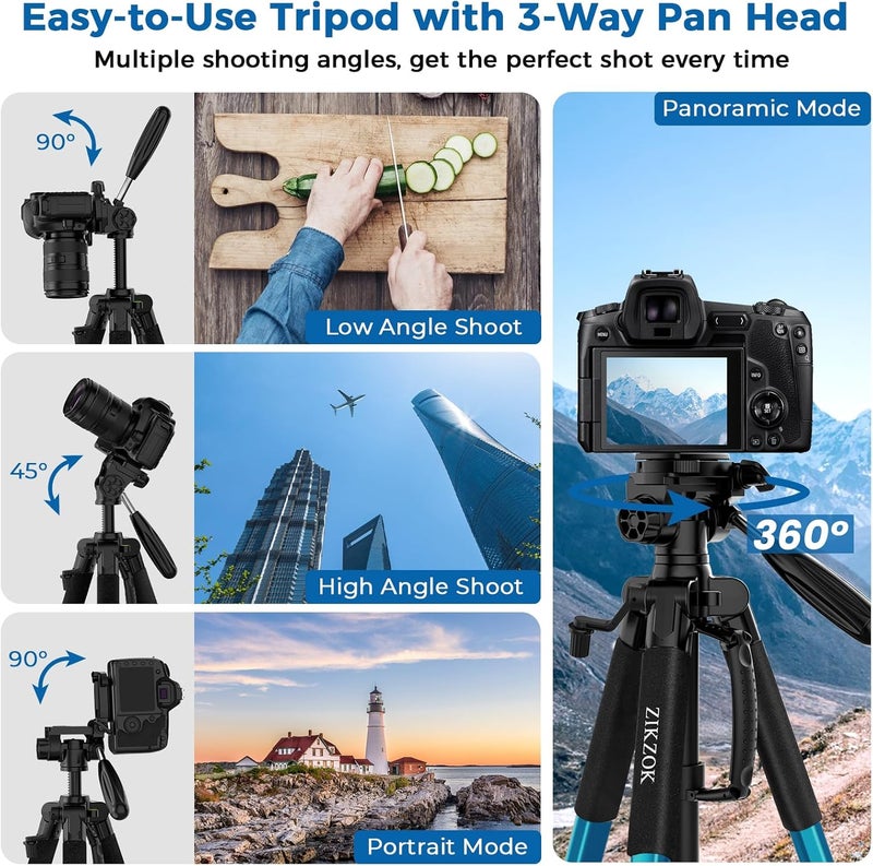 ZIKZOK 75" Heavy Duty Camera Tripod Stand with Bluetooth Remote - Max Load 15LB, Aluminum Travel Tripod for DSLR/Phone/Tablet/Projector, 3-Way Pan Head & Quick Release Plate, Compact Foldable Design (Blue) - Image 4