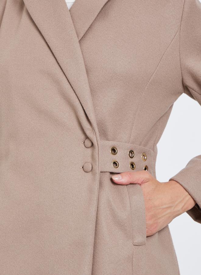 Styli Beige Regular Fit Wool Coat with Belt - Image 4