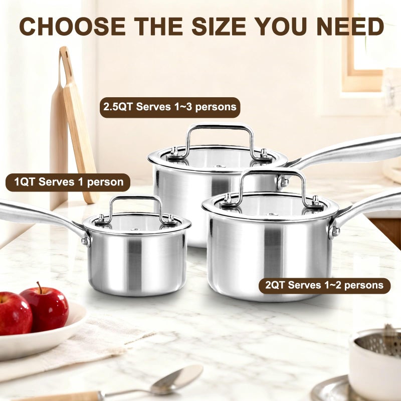DELARLO Stainless Steel Small Brushed Saucepan With Lid, Induction Cooking Sauce Pot Pan, Full-body Clad Tri-Ply Heavy Duty Saucier Cookware, Dishwasher Safe & Oven Safe(2 Quart) - Image 5
