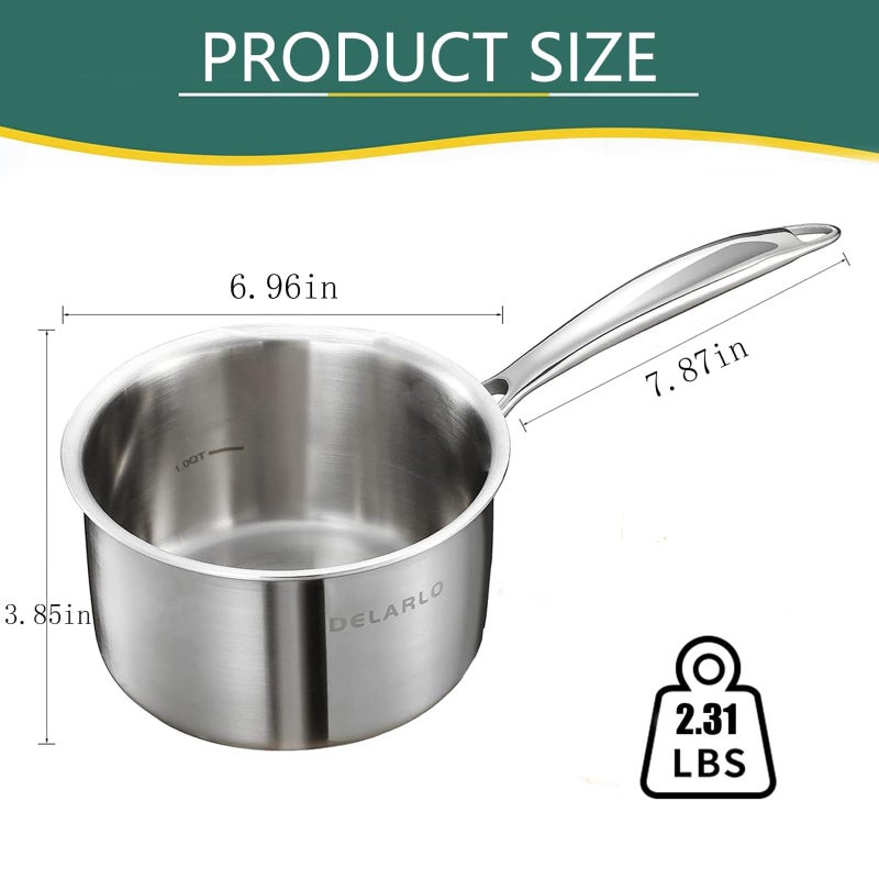 DELARLO Stainless Steel Small Brushed Saucepan With Lid, Induction Cooking Sauce Pot Pan, Full-body Clad Tri-Ply Heavy Duty Saucier Cookware, Dishwasher Safe & Oven Safe(2 Quart) - Image 2