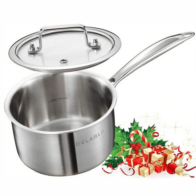 DELARLO Stainless Steel Small Brushed Saucepan With Lid, Induction Cooking Sauce Pot Pan, Full-body Clad Tri-Ply Heavy Duty Saucier Cookware, Dishwasher Safe & Oven Safe(2 Quart) - Image 1