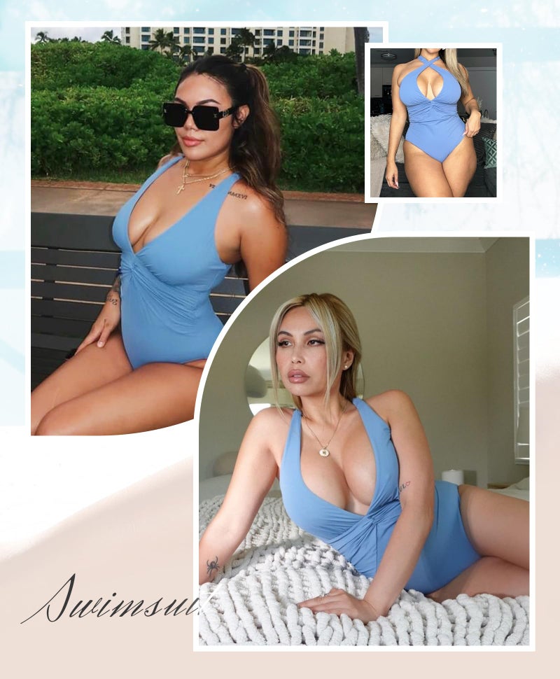 SHAPELLX Tummy Control Swimsuits for Women One Piece V Neck Shapewear Bathing Suit Full Coverage Ruched Swimsuit Blue L - Image 2