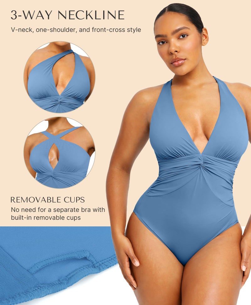 SHAPELLX Tummy Control Swimsuits for Women One Piece V Neck Shapewear Bathing Suit Full Coverage Ruched Swimsuit Blue L - Image 5
