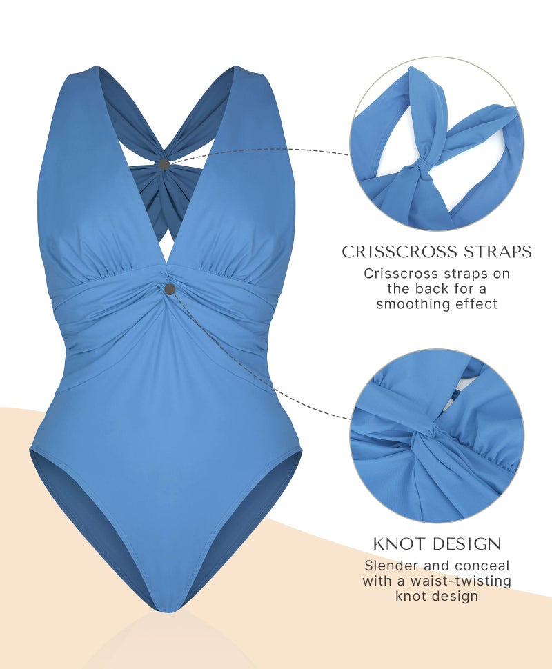 SHAPELLX Tummy Control Swimsuits for Women One Piece V Neck Shapewear Bathing Suit Full Coverage Ruched Swimsuit Blue L - Image 4