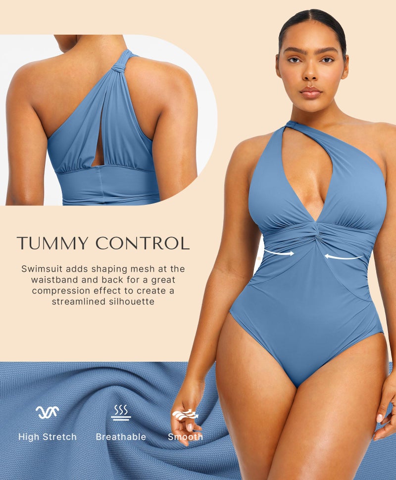 SHAPELLX Tummy Control Swimsuits for Women One Piece V Neck Shapewear Bathing Suit Full Coverage Ruched Swimsuit Blue L - Image 3