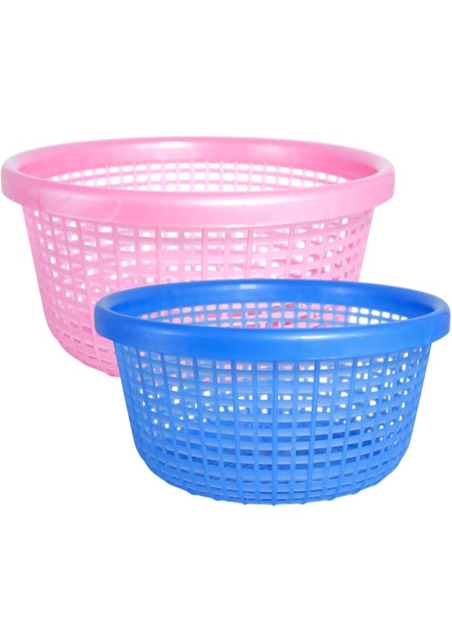 Morvi Avika Small-Medium Combo Round Organizer Plastic Storage Baskets| Kitchen, Bathroom, Office & Home – Durable, Stackable,Strainer Tokri For Fruits, Vegetables| Set of 2 | PINK BLUE - Image 1