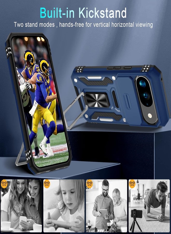 DEERLAMN جراب DEERLAMN لهاتف Google Pixel 10/10 Pro مع غطاء كاميرا منزلق + واقي شاشة (عبوة واحدة)، غطاء واقٍ مقاوم للصدمات من الدرجة العسكرية مع مسند حلقي دوار - أزرق داكن - Image 4