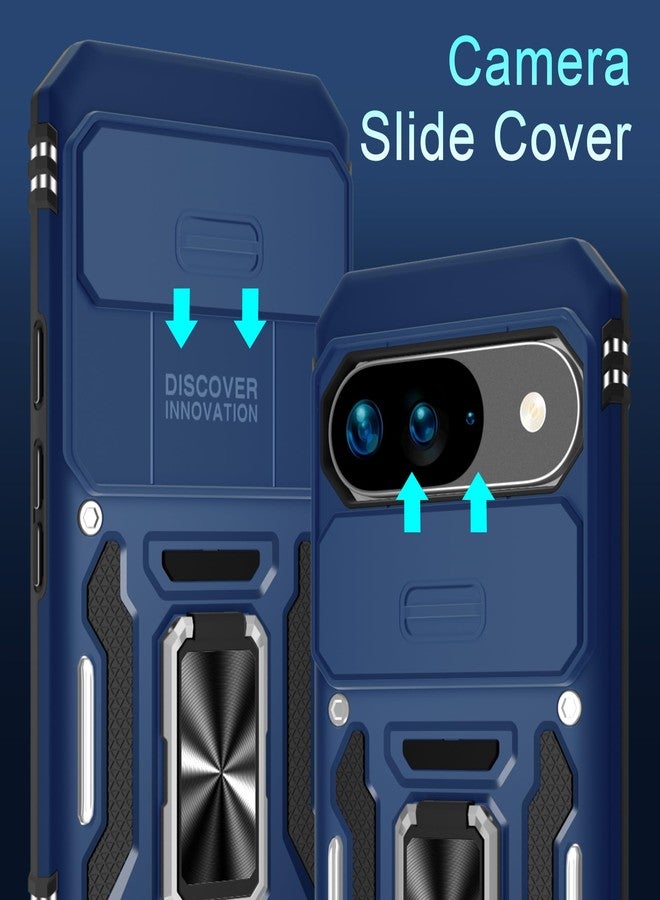 DEERLAMN جراب DEERLAMN لهاتف Google Pixel 10/10 Pro مع غطاء كاميرا منزلق + واقي شاشة (عبوة واحدة)، غطاء واقٍ مقاوم للصدمات من الدرجة العسكرية مع مسند حلقي دوار - أزرق داكن - Image 2