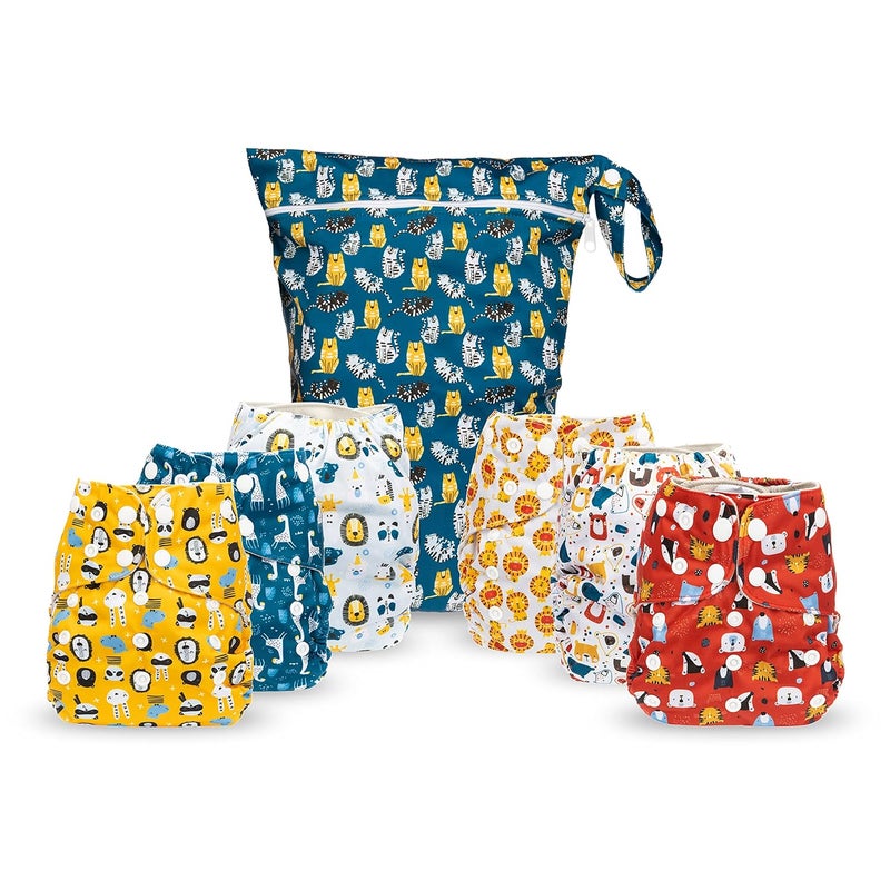 Simple Being Reusable Cloth Diapers, Double Gusset, One Size Adjustable, Washable Soft Absorbent, Waterproof Cover, Eco-Friendly Unisex Baby Girl Boy, six 4-Layers Microfiber Inserts (Boy Animals) - Image 1