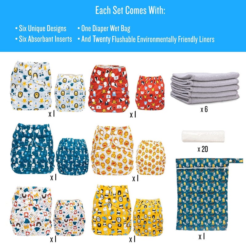 Simple Being Reusable Cloth Diapers, Double Gusset, One Size Adjustable, Washable Soft Absorbent, Waterproof Cover, Eco-Friendly Unisex Baby Girl Boy, six 4-Layers Microfiber Inserts (Boy Animals) - Image 5