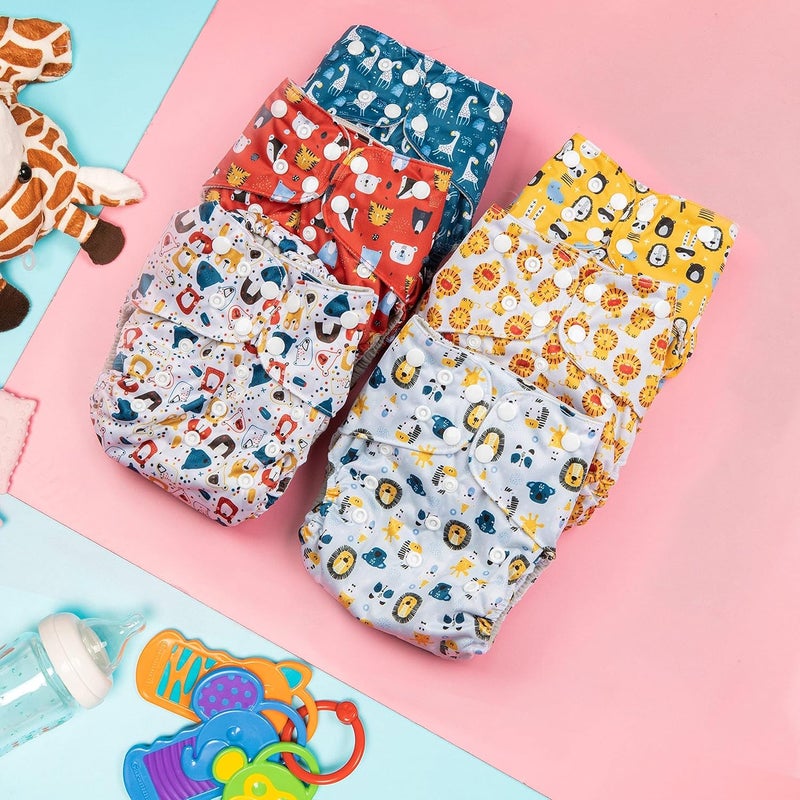 Simple Being Reusable Cloth Diapers, Double Gusset, One Size Adjustable, Washable Soft Absorbent, Waterproof Cover, Eco-Friendly Unisex Baby Girl Boy, six 4-Layers Microfiber Inserts (Boy Animals) - Image 2