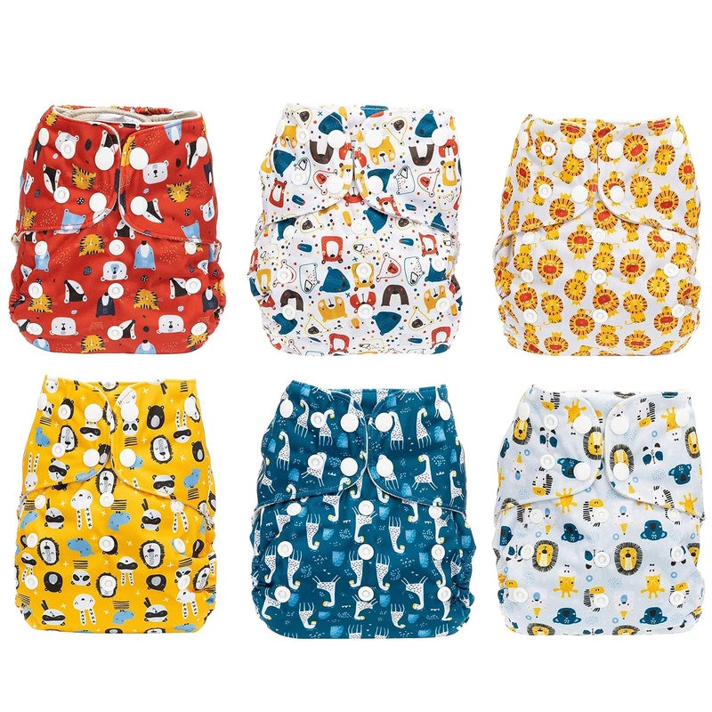 Simple Being Reusable Cloth Diapers, Double Gusset, One Size Adjustable, Washable Soft Absorbent, Waterproof Cover, Eco-Friendly Unisex Baby Girl Boy, six 4-Layers Microfiber Inserts (Boy Animals) - Image 3