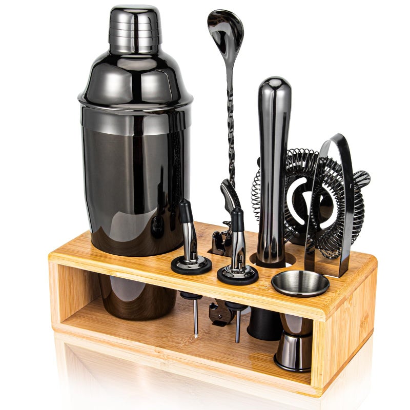 Semderm Cocktail Shaker Set Mixology Bartender Kit 10Piece Bar Tool Set with Stylish Bamboo Stand Bar kit Matini Shaker Mixing Spoon Muddler Jigger Cocksrew for Barware Set  Black