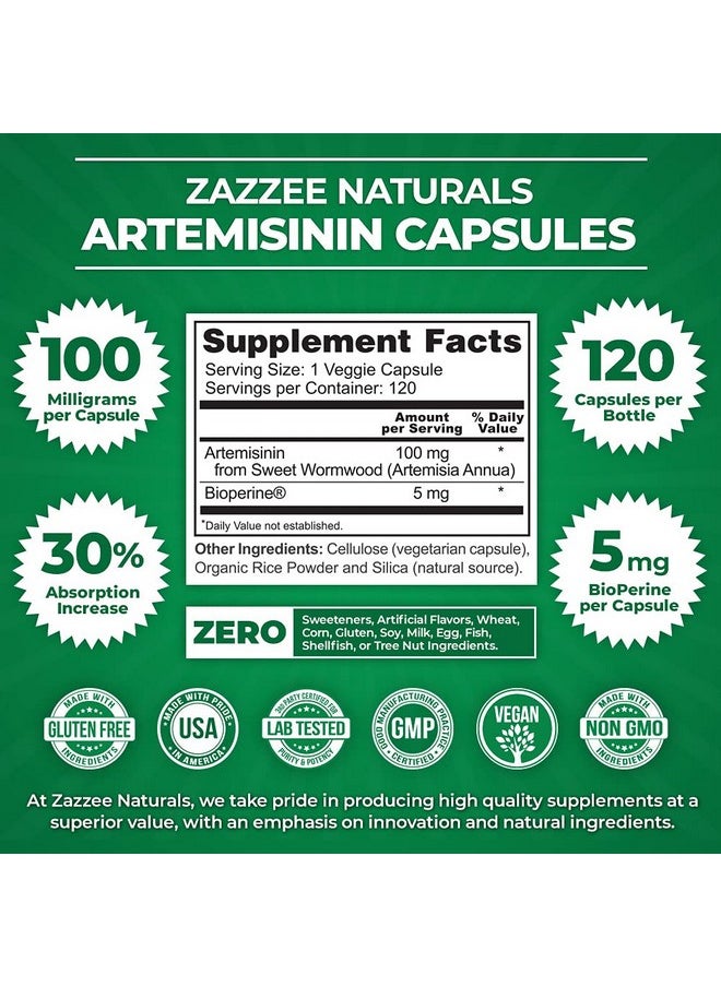 Zazzee - Artemisinin 100 Mg Per Capsule 120 Vegan Capsules 4 Month Supply Plus 5 Mg Bioperine For Enhanced Absorption Sweet Wormwood Extract Vegan And Nongmo - Image 1