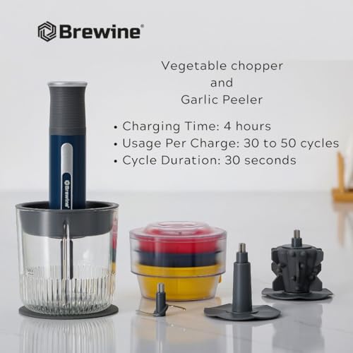 Brewine USB Cordless Vegetable Chopper & Garlic Peeler, 400ml Glass Bowl, Chop, Mince, Puree & Whisk, Stainless Steel Blades, Anti-Skid Pad, One-Touch Operation, 3 Mini Bowls Included, Rechargeable - Image 5
