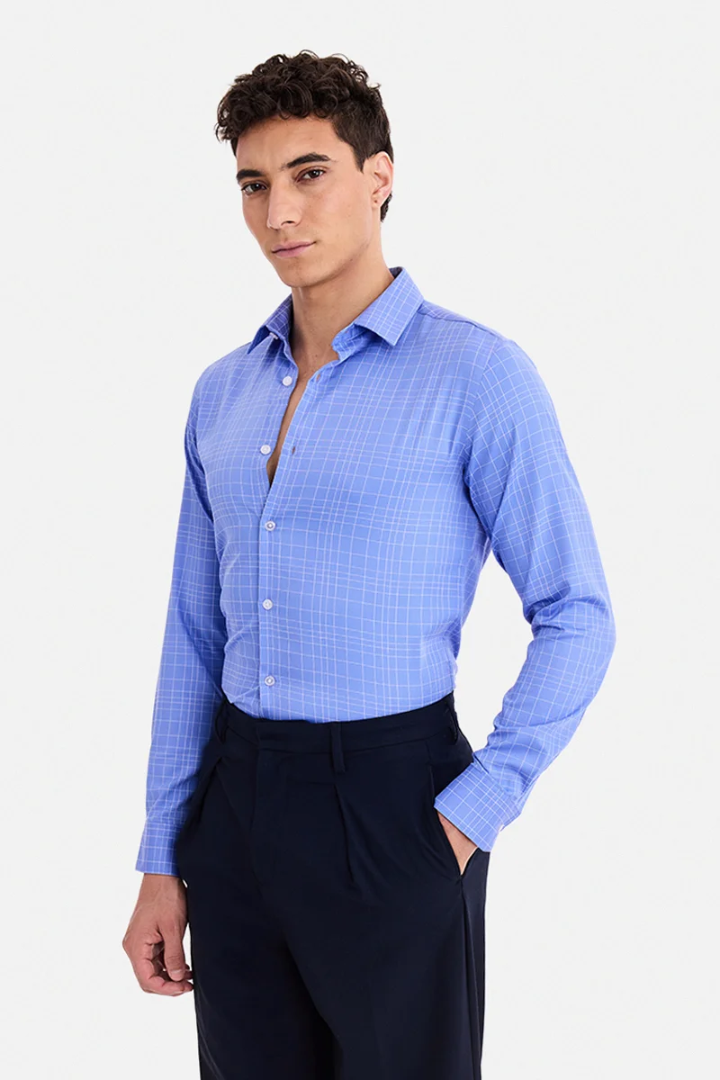 SNITCH Blue Checkered Long Sleeve Slim Fit Formal Luxe Shirt