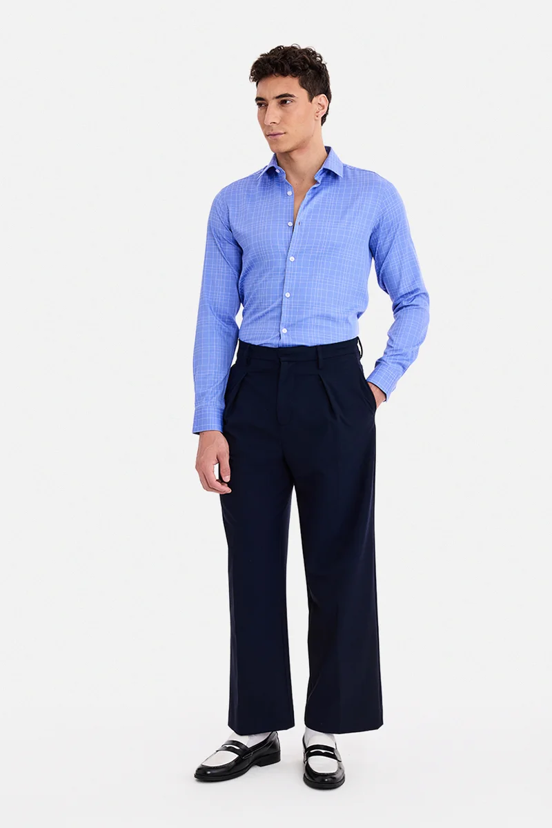 SNITCH Blue Checkered Long Sleeve Slim Fit Formal Luxe Shirt