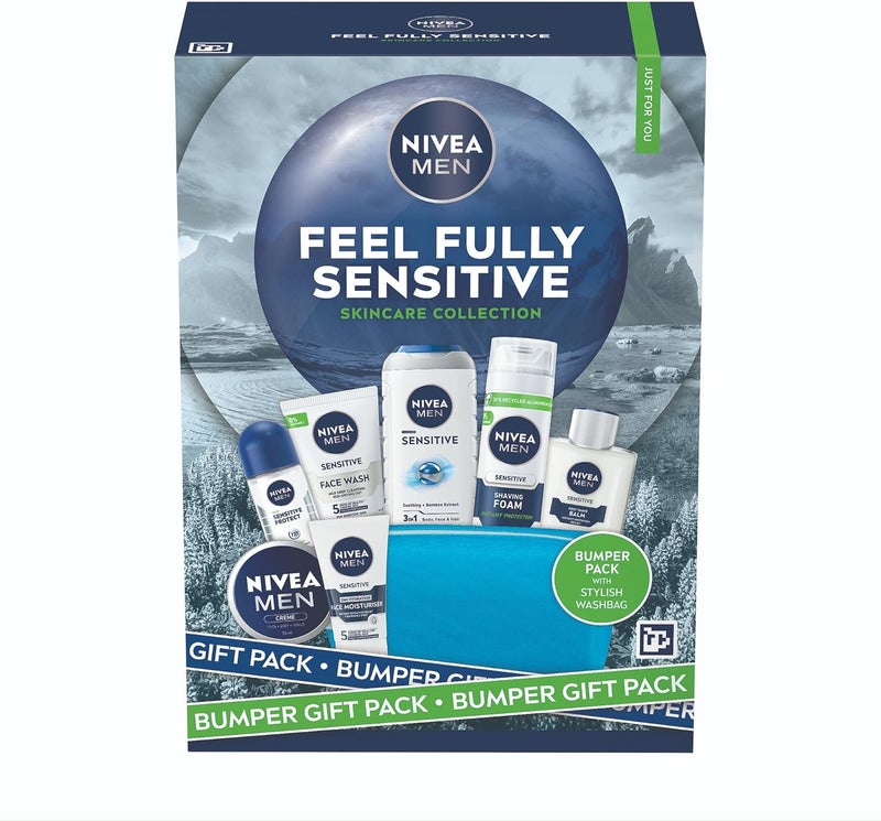 NIVEA MEN Feel Fully Sensitive Skincare Gift Set 8 Products Mens Gift Set Includes Shower Gel AntiPerspirant Face Wash Shaving Foam Post Shave Balm Moisturisers With Wash Bag