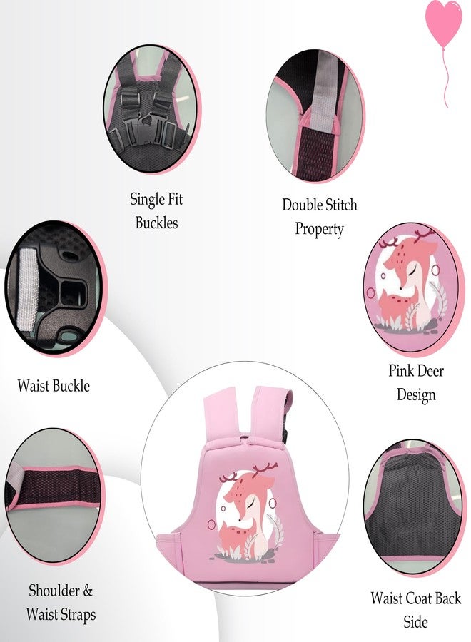 PAX PARROT Kids Safety Belt for Two Wheeler, Bike, Activa & Scotty – Backpack Style with Reflective Straps, Breathable Net, Deer Design, Double-Stitched for Durability (Pink) - Image 2