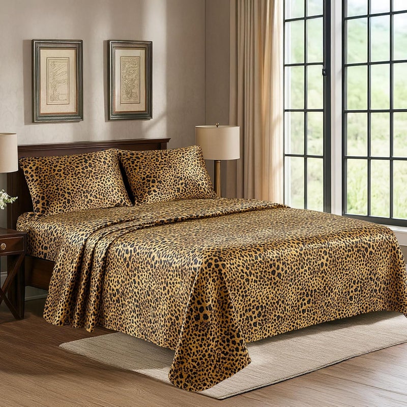 Pure Bedding Satin Sheets Queen [4-Piece, Gold Leopard] Hotel Luxury Silky Bed Sheets - Extra Soft 1800 Microfiber Sheet Set, Wrinkle, Fade, Stain Resistant - Deep Pocket Fitted Sheet, Flat Sheet, Pillow Cases - Image 1