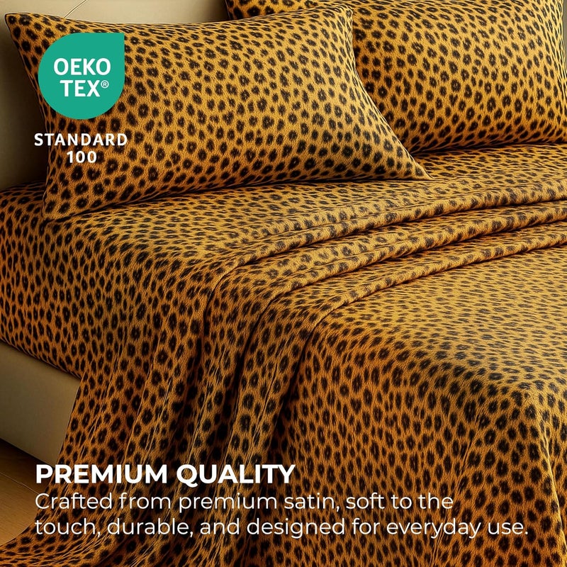 Pure Bedding Satin Sheets Queen [4-Piece, Gold Leopard] Hotel Luxury Silky Bed Sheets - Extra Soft 1800 Microfiber Sheet Set, Wrinkle, Fade, Stain Resistant - Deep Pocket Fitted Sheet, Flat Sheet, Pillow Cases - Image 5