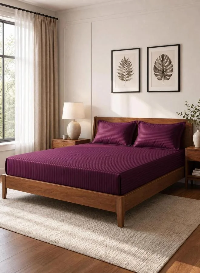 Styli Pack of 2-  Stripe Queen Fitted with Pillow Cover Burgundy