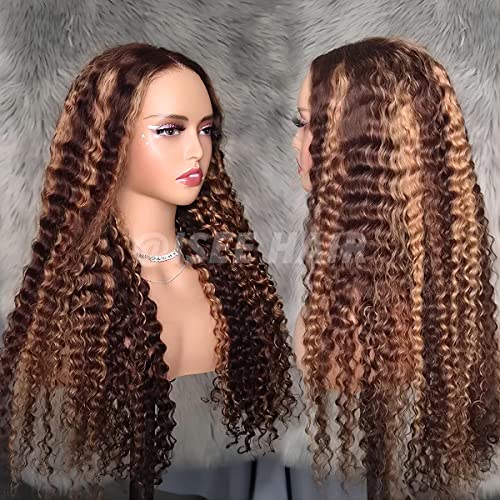 ISEE Glueless Wig Highlight Brown Wigs Silky Straight Preplucked 4x6 HD Transparent 427 Honey Blonde Lace Frontal Wigs 180 Density Colored Straight Human Hair Wigs for Women 22 Inches Deep Wave - Image 3