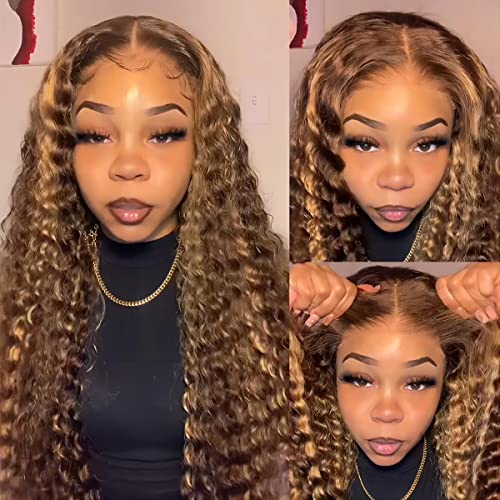 ISEE Glueless Wig Highlight Brown Wigs Silky Straight Preplucked 4x6 HD Transparent 427 Honey Blonde Lace Frontal Wigs 180 Density Colored Straight Human Hair Wigs for Women 22 Inches Deep Wave - Image 1