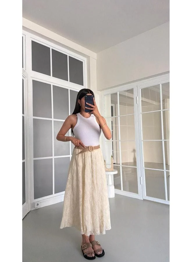 Gaus  Cream Straw Belted Lined Embroidered Skirt GAUS-01584. for Women | Best Price UAE
