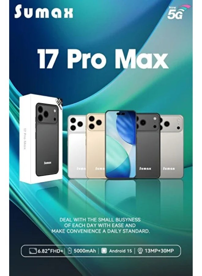 سوماكس هاتف Sumax 17 Pro Max 5G الذكي | 24 جيجابايت RAM + 1 تيرابايت ROM، شاشة HD+، كاميرا ثلاثية بدقة 30 ميجابكسل مع الذكاء الاصطناعي، بطارية 5000 مللي أمبير، تصميم فائق النحافة (أبيض) - Image 2
