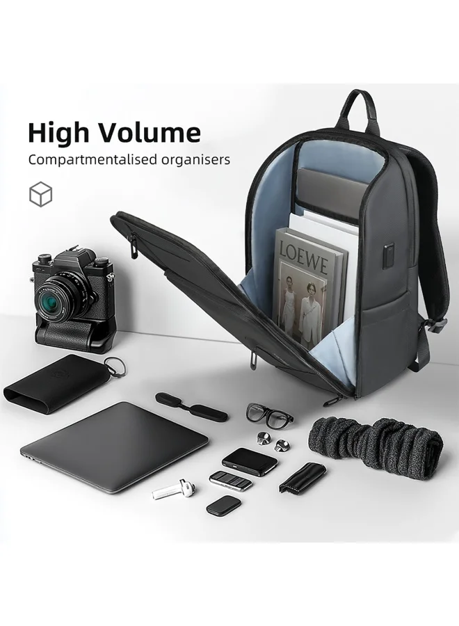 موبكوس حقيبة ظهر موبكوس سوداء 8207، حقيبة ظهر ذكية مقاومة للماء للكمبيوتر المحمول مزودة بمنفذ شحن USB - حقيبة ظهر مضادة للسرقة من قماش أكسفورد للعمل والسفر للرجال والنساء، حقيبة ظهر يومية خفيفة الوزن واحترافية للكمبيوتر المحمول