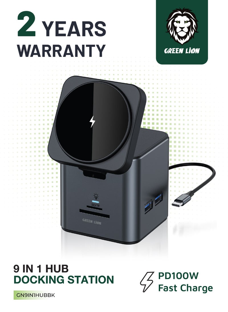 GREEN LION 9 In 1 Type-C Hub Docking with Wireless MagSafe Charging Station 100W PD Type C to HDMI 4K Adapter, USB Hub 3.0 5Gbps Compatible MacBook Pro/Air 2023 M2/M1, iPad Pro/Air, HP, Dell, ASUS, Lenovo  - Image 1