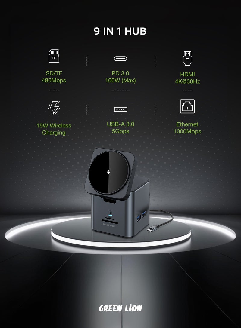 GREEN LION 9 In 1 Type-C Hub Docking with Wireless MagSafe Charging Station 100W PD Type C to HDMI 4K Adapter, USB Hub 3.0 5Gbps Compatible MacBook Pro/Air 2023 M2/M1, iPad Pro/Air, HP, Dell, ASUS, Lenovo  - Image 2