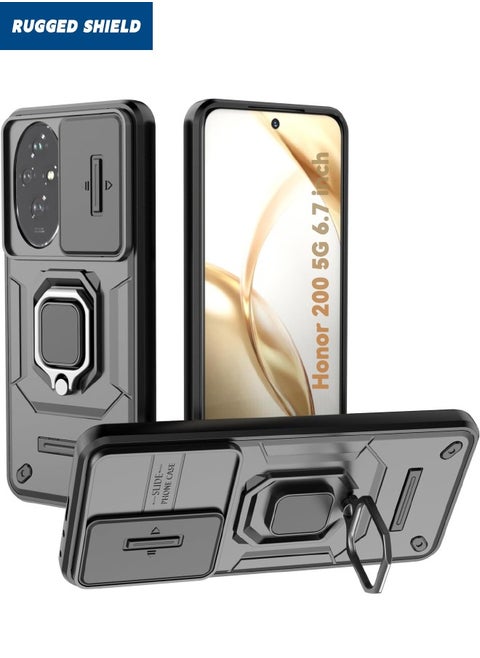 Honor 200 5G Case with Slide Camera Cover, Military Grade Heavy Duty Anti Drop Shockproof Phone Case Cover with Kickstand for Honor 200 5G 6.7 inch, Black