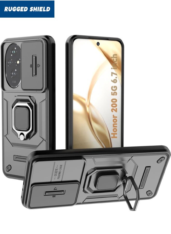 RUGGED SHIELD - Honor 200 5G Case with Slide Camera Cover, Military Grade Heavy Duty Anti Drop Shockproof Phone Case Cover with Kickstand for Honor 200 5G 6.7 inch, Black - Image 1