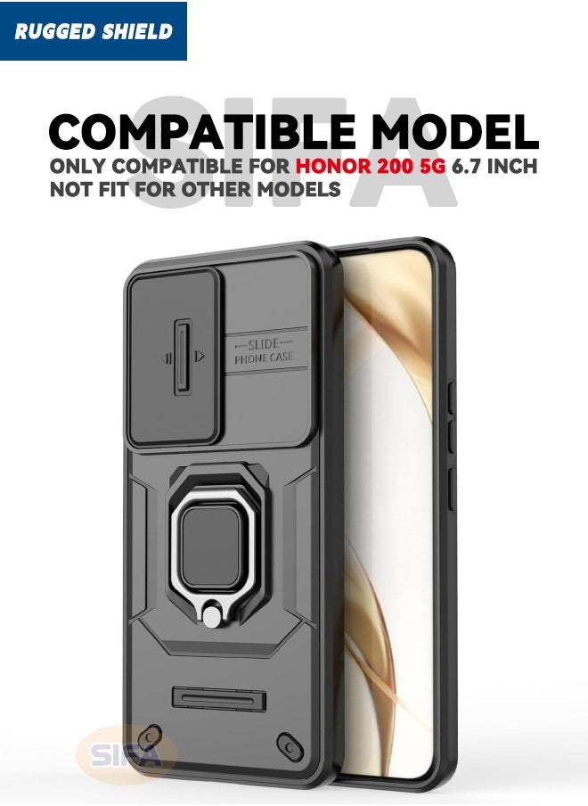 RUGGED SHIELD - Honor 200 5G Case with Slide Camera Cover, Military Grade Heavy Duty Anti Drop Shockproof Phone Case Cover with Kickstand for Honor 200 5G 6.7 inch, Black - Image 1
