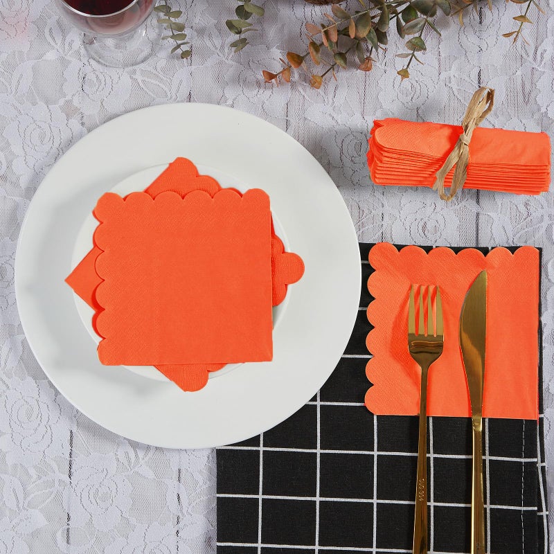 BEFORYOU 100 Pack Cocktail Napkin 2-Ply Scalloped Edged Dessert Napkins Folded 5 x 5 Inches Disposable Napkins for Dinner Wedding Birthday Party Bridal Anniversary Reception Event (Orange) - Image 5